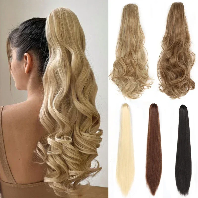 Top Trends: 24'' Wave Claw Clip On Ponytail Long Hairpiece Ponytail Extension Blonde Synthetic Fake Hair Horse Tail For Women Heat Resistant Shoppable Styles