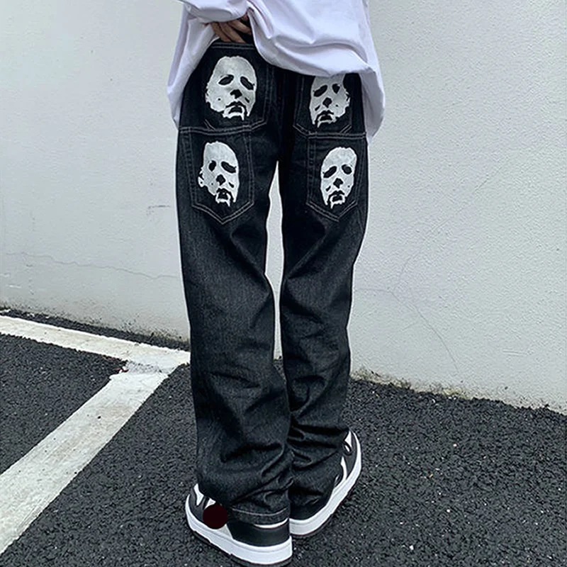 Top Trends: Y2K Korean Men Fashion Black Streetwear Casual Skull Straight Wide Leg Cargo Pants Baggy Denim Trousers Low Rise Jeans Clothes Shoppable Styles