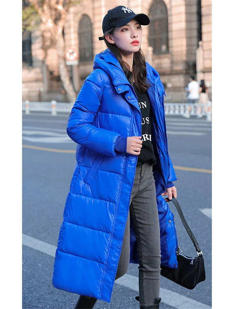 Top Trends: Blue Glossy Free Wash Down Cotton Coat For Women Long Thick Warmth Hooded Parkas 2022 Winter New Korean Loose Clothing Feminine Shoppable Styles - Image 3