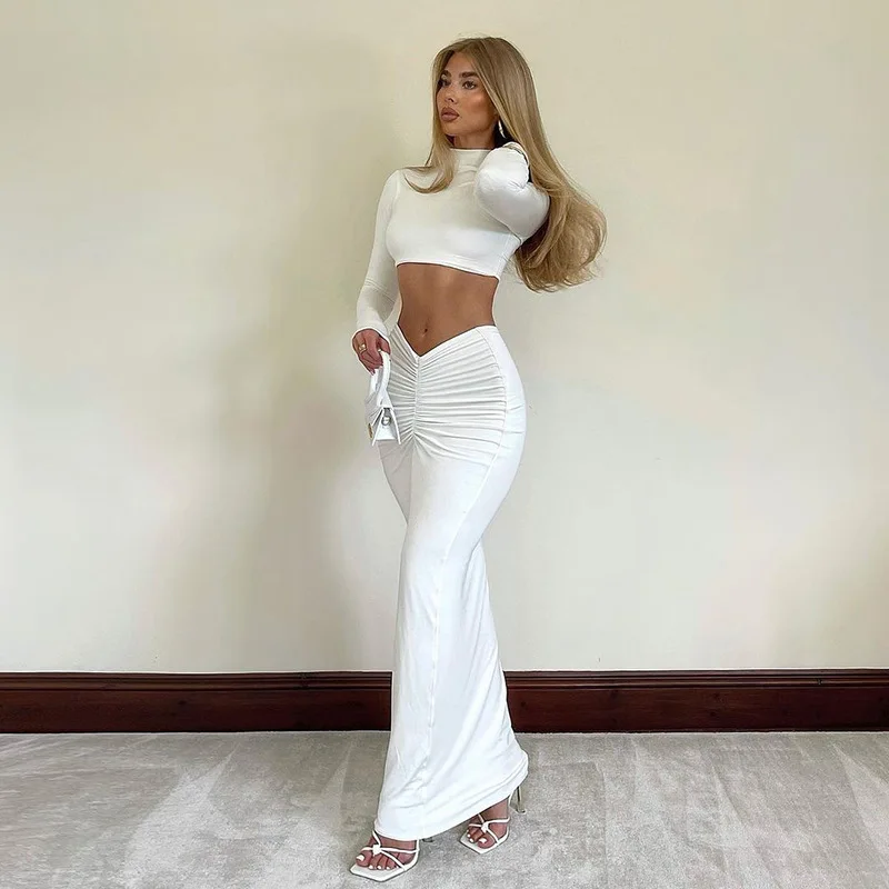 Top Trends: Sexy 2 Piece Set Outfits For Women Club Party Top And Dress Sets Elegant White Long Sleeve Long Ruched Matching Sets Maxi Skirt Shoppable Styles