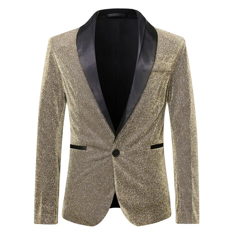 Top Trends: Men Shawl Lapel Blazer Slim Fit One Button Shiny Gold Glitter Suit Jacket Men DJ Nightclub Stage Singer Clothes Costume Homme Shoppable Styles