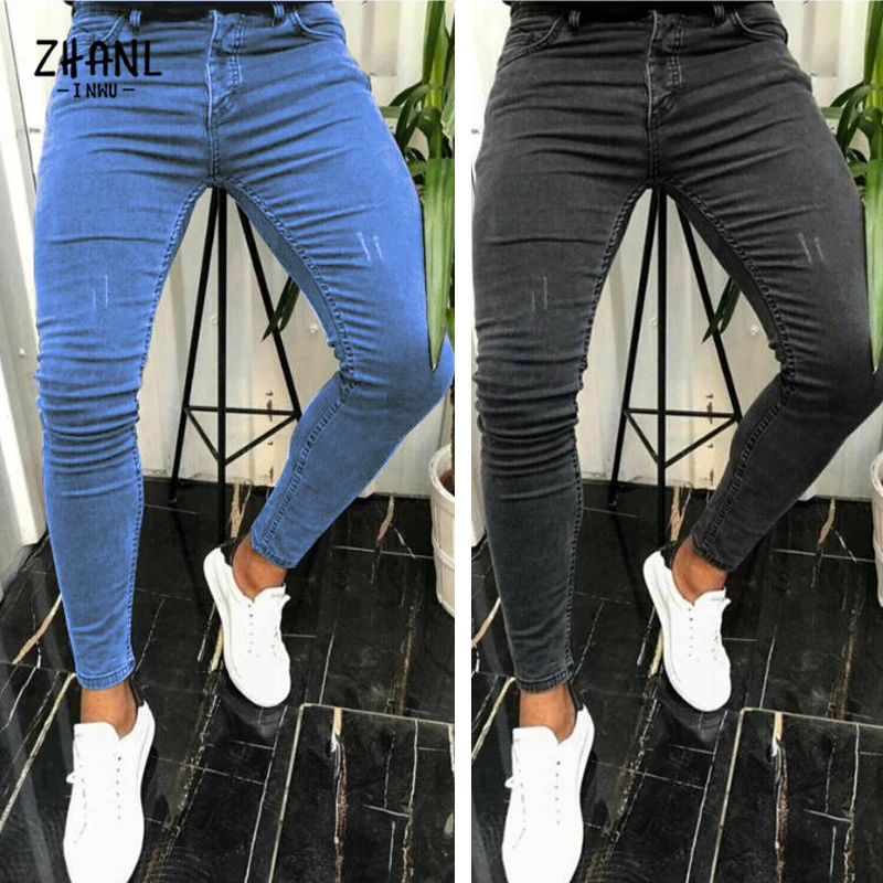 Top Trends: Man Pants Sky Blue Skinny Jeans Men Scratches Stretch Casual Slim Fit Denim Pencil Pant Mens Pure Color Elastic Jeans Streetwear Shoppable Styles