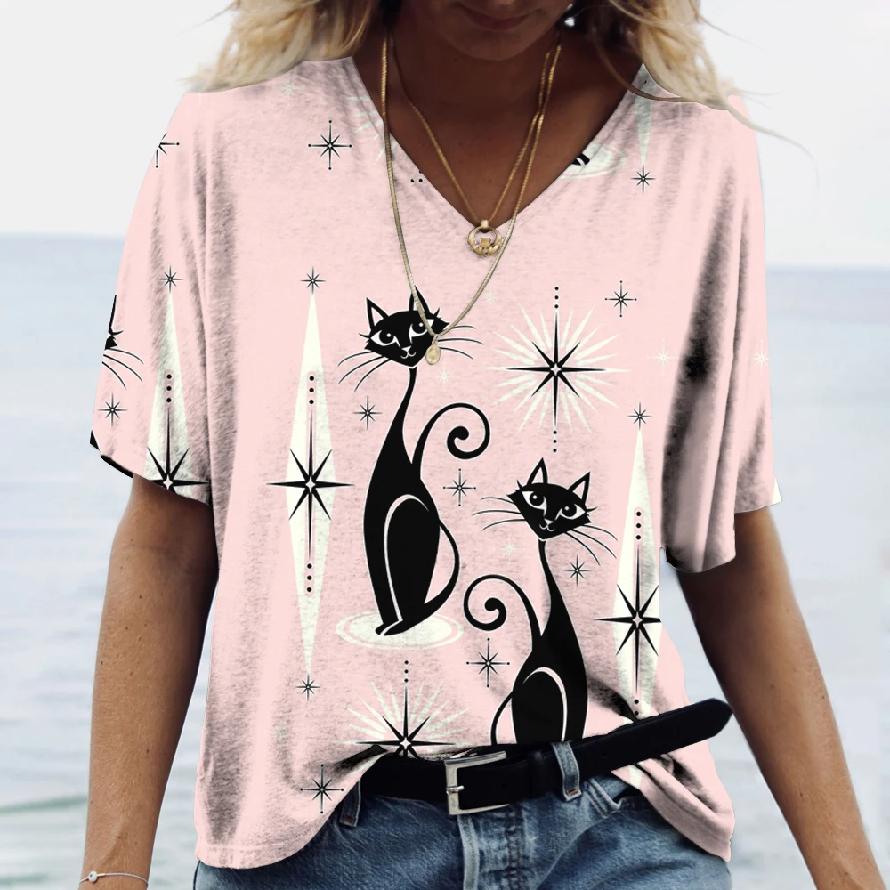 Top Trends: Women&#039;s T Shirt Painting Cat Print Clothing V-neck Short Sleeve Oversized Streetwear Daily Casual Basics Tops Tee Shirt Shoppable Styles