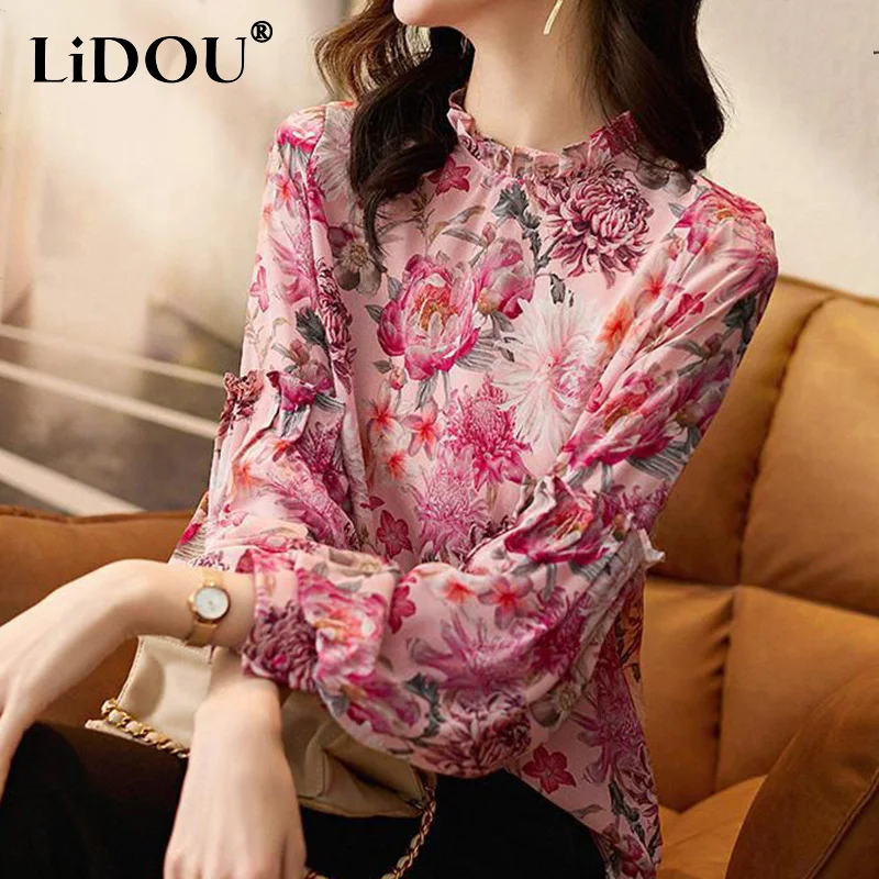 Top Trends: Spring Summer Elegant Fashion Ruffled Floral Print Lantern Long Sleeve Chiffon Shirt Top Ladies Temperament Wild Pullover Blouse Shoppable Styles