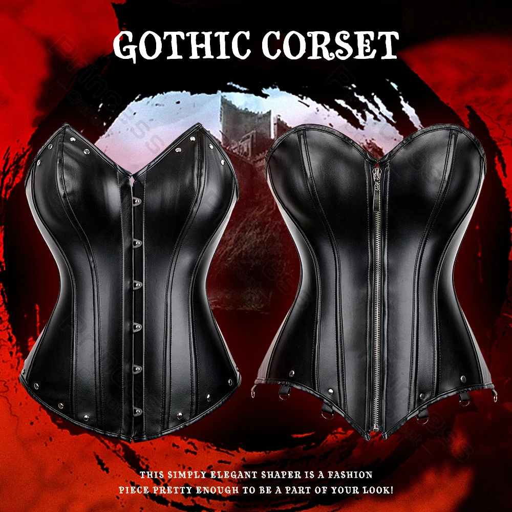 Top Trends: Faux Leather Corsets For Women Plus Size Gothic Corset Bustier Black Goth Costume Steampunk Corset Top Overbust Sexy Leather Top Shoppable Styles