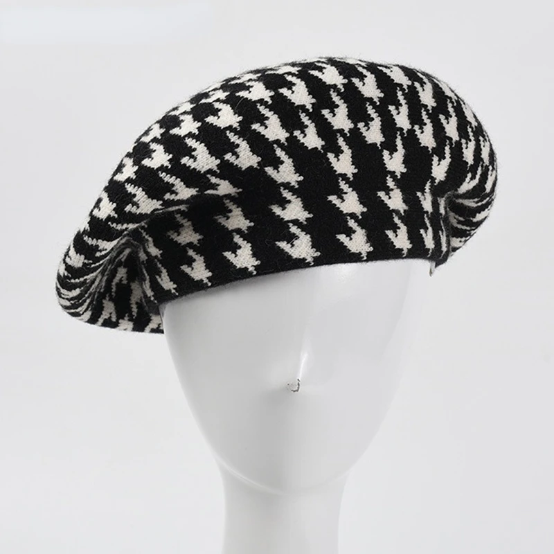 Top Trends: 2023 New Women&#039;s Autumn And Winter Houndstooth Beret Korean Version Fashion Retro Knitted Painter Hat Warm Beret Shoppable Styles