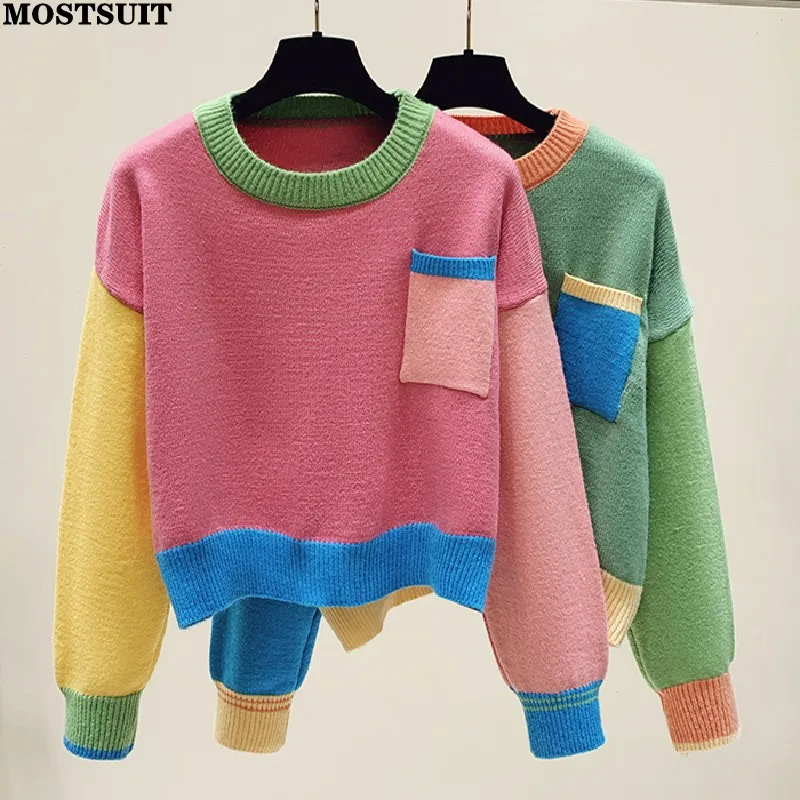 Top Trends: Casual Fashion Color-blocked Sweater Knitwear Women Sweet Loose Pullover Tops Long Sleeve Round Neck Chic Female Knitwear 2023 Shoppable Styles