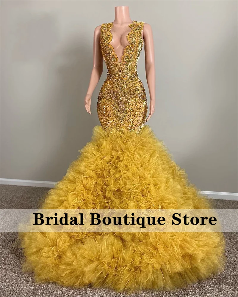 Top Trends: New Design Sparkly Golden Diamonds Evening Dress Glitter Beads Crystal Rhinestone Luxury Prom Party Dress Vestidos De Fiesta Shoppable Styles