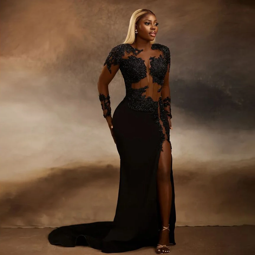 Top Trends: Sexy African Black Mermaid Evening Dresses Sheer Neck Long Sleeves Appliques Beaded Split Slit Prom Gowns Robes De Soirée 2024 Shoppable Styles