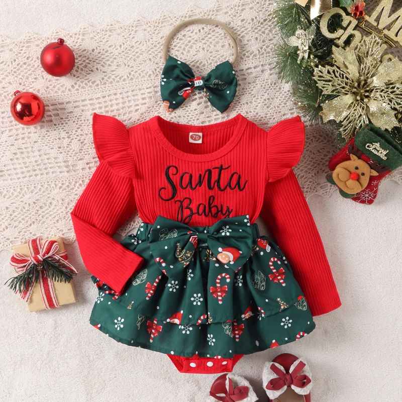 Top Trends: Christmas 0-2Y Baby Girls Romper Dress Long Sleeve Letter Santa Hat Print Romper With Bow Headband Shoppable Styles