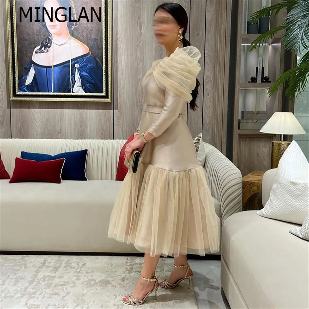 Top Trends: MINGLAN Fashion V Neck Lace Full Sleeve A Line Long Formal Prom Dress Tea Length Pleat Elegant Evening Gowns For Women New 2023 Shoppable Styles - Image 2