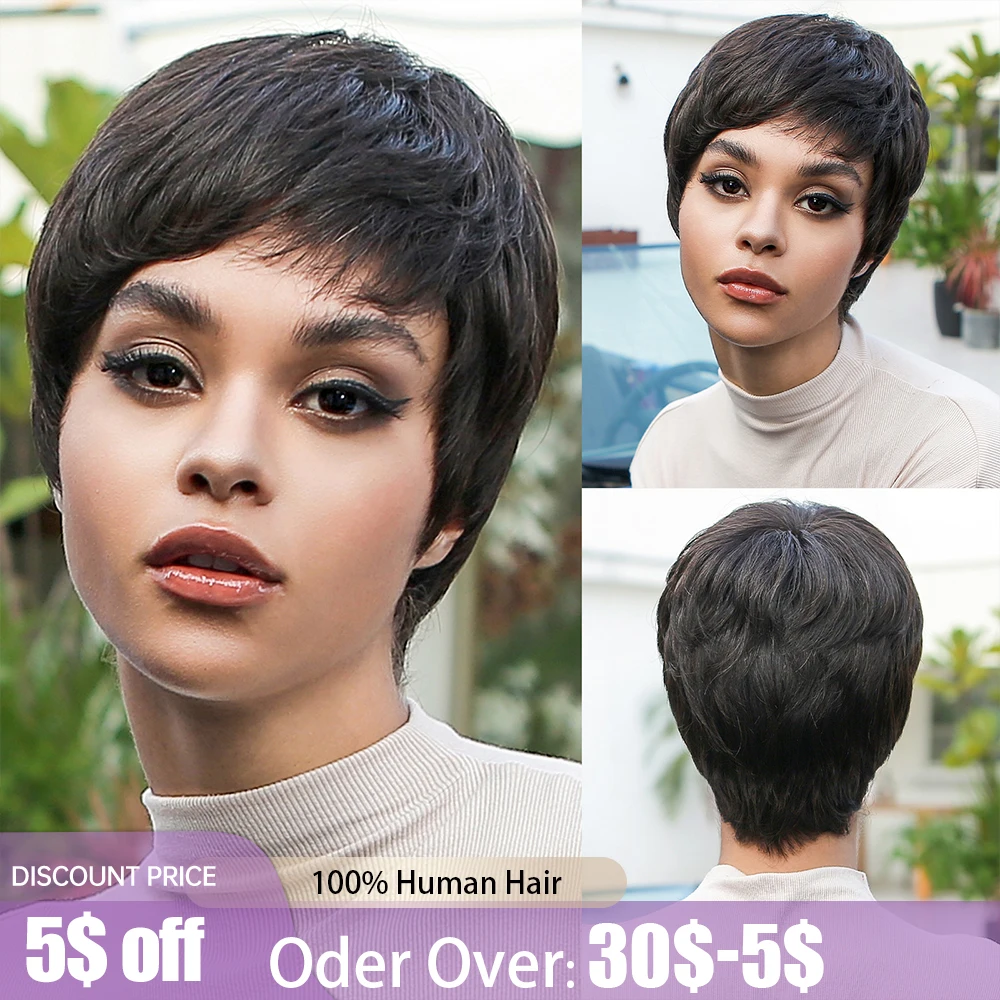 Top Trends: Human Hair Short Pixie Cut Bob Hair Natural Black Straight Remy Human Hair With Bangs Mechanism Hair For Afro Women Brizilian Shoppable Styles