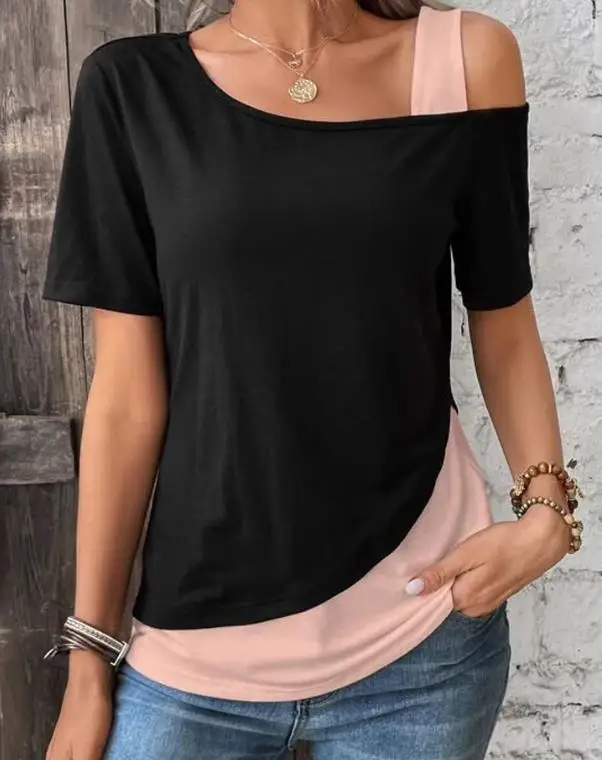 Top Trends: Top Women 2023 Summer Fashion Colorblock Cold Shoulder Short Sleeve Casual Daily T-Shirt Top Y2K Clothes Shoppable Styles