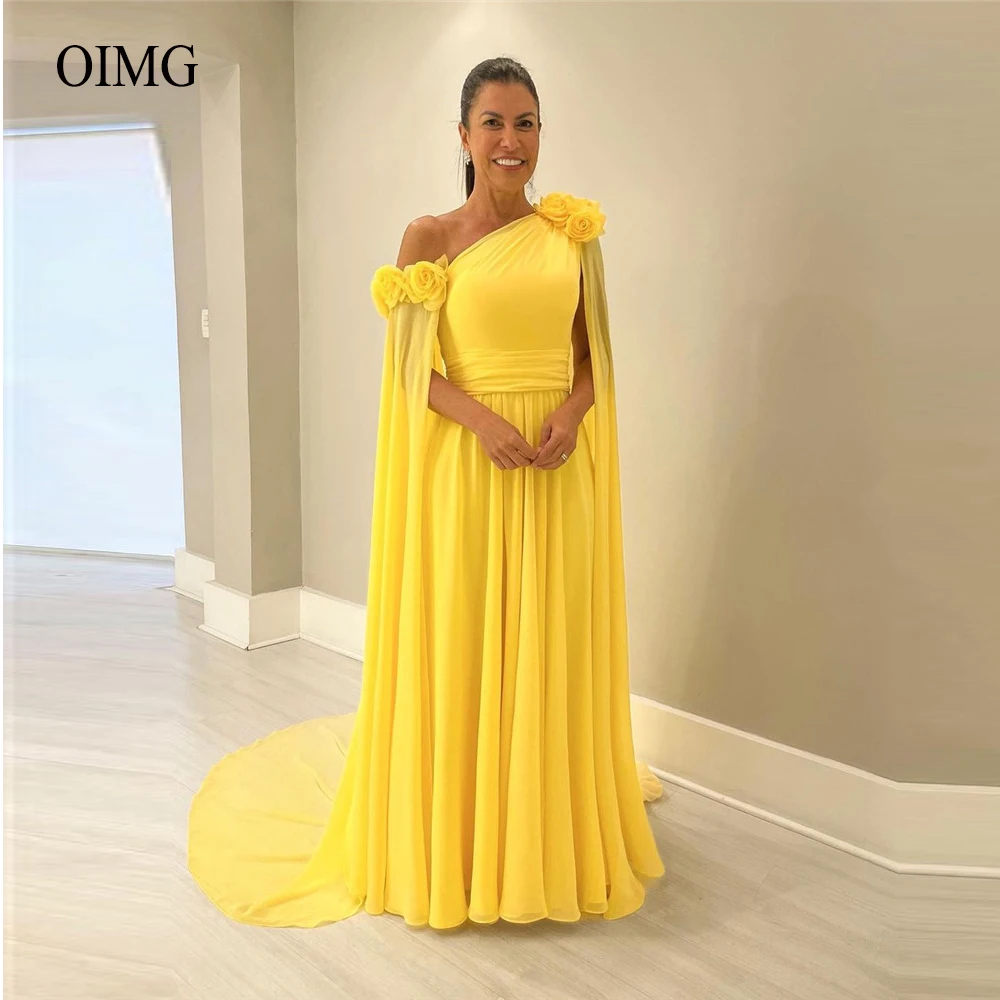 Top Trends: OIMG One Shoulder Yellow Chiffon Long Evening Dresses 3D Flowers Arabic Women Prom Gowns Formal Party Occasion Dress Plus Size Shoppable Styles