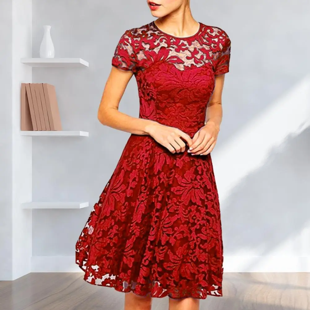 Top Trends: Women Summer Dress See-through Hollow Out Lace Party Mini Dress Round Neck A-line Plus Size Prom Dress Women Clothes Shoppable Styles