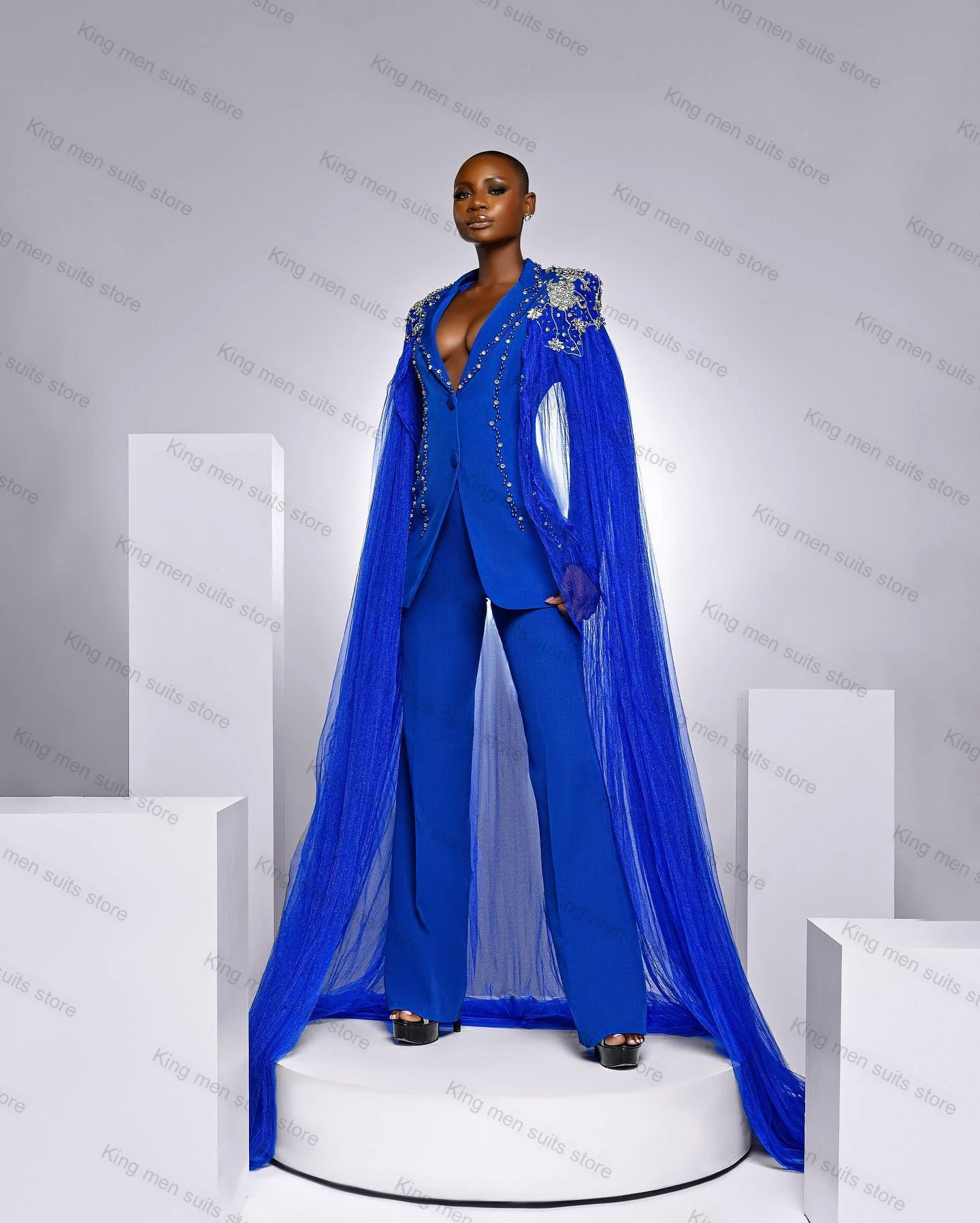 Top Trends: Crystals Blue Cape Women Suits Pants Set 2 Piece Office Lady Wrap Jacket Prom Dress Wedding Tuxedo Custom Made Jacket Outfit Shoppable Styles - Image 2