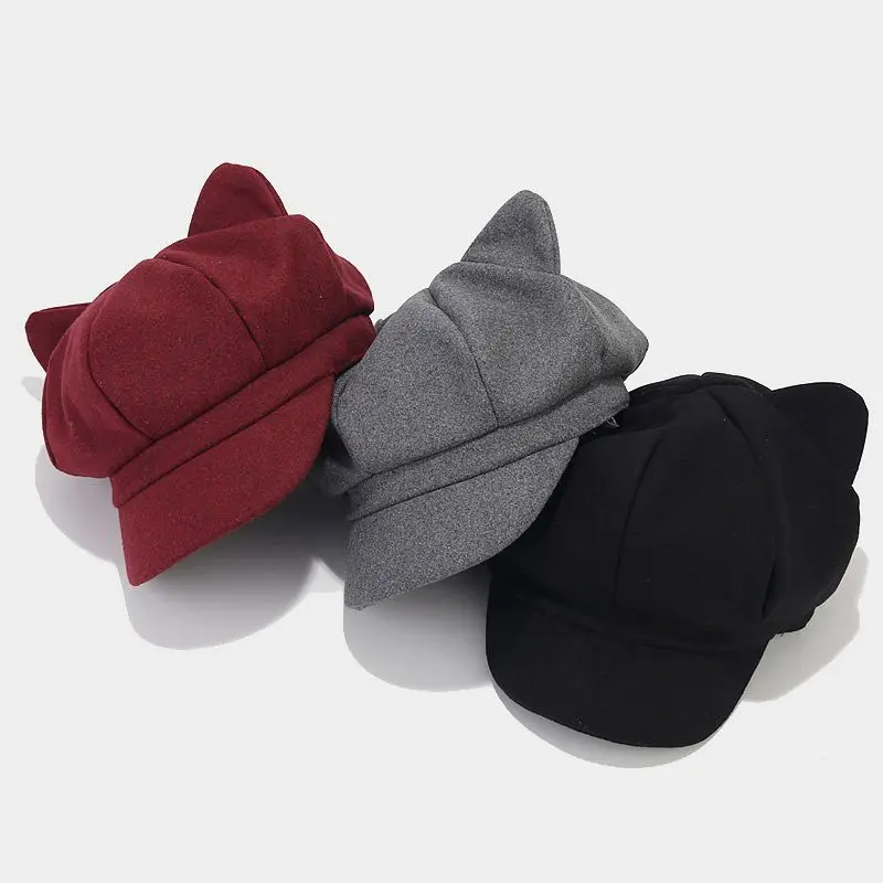 Top Trends: Cute Adult Cat Ear Beret Hat Women Autumn Hat Winter Cap Autumn Punk Beret Hat Women Berets Hat Shoppable Styles - Image 5