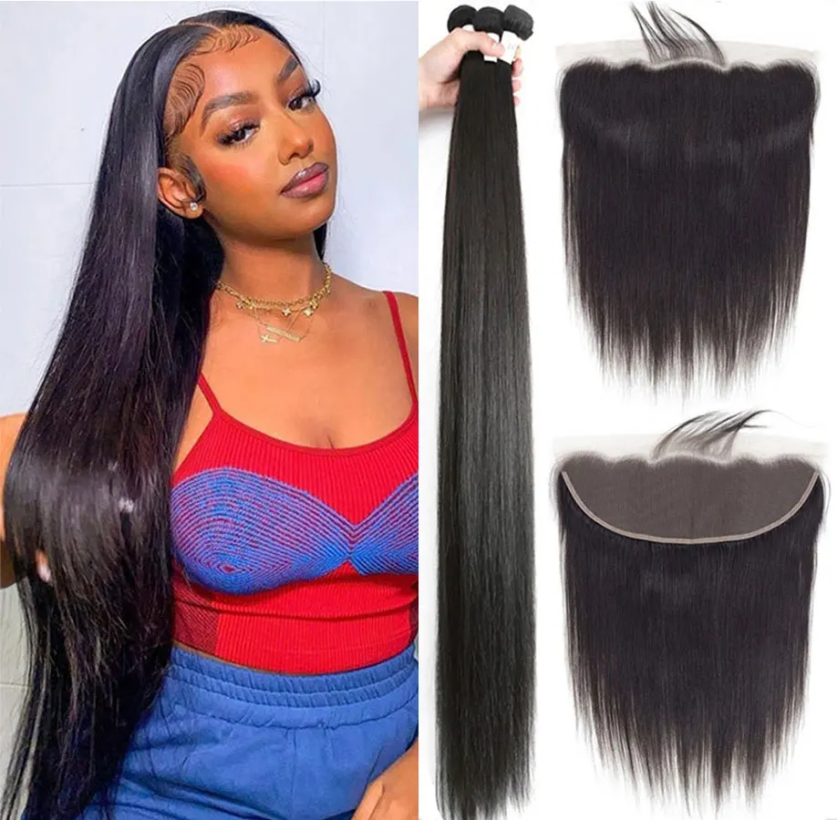 Top Trends: MissAnna 16-40 Inch Brazilian Human Hair Straight Bundles Wave With 13x4 Lace Frontal Remy Human Hair 3 / 4 Bundles With Frontal Shoppable Styles