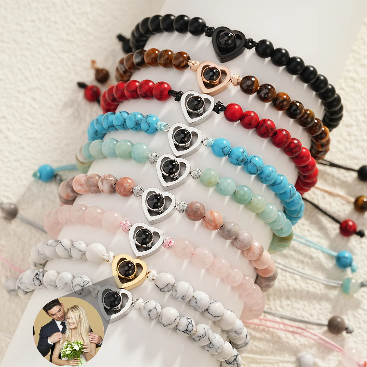 Top Trends: Custom 6mm Natural Stone Bracelet With Custom Photo Projection Bracelet Personalized Natural Beads Heart Bracelet Jewelry Gift Shoppable Styles