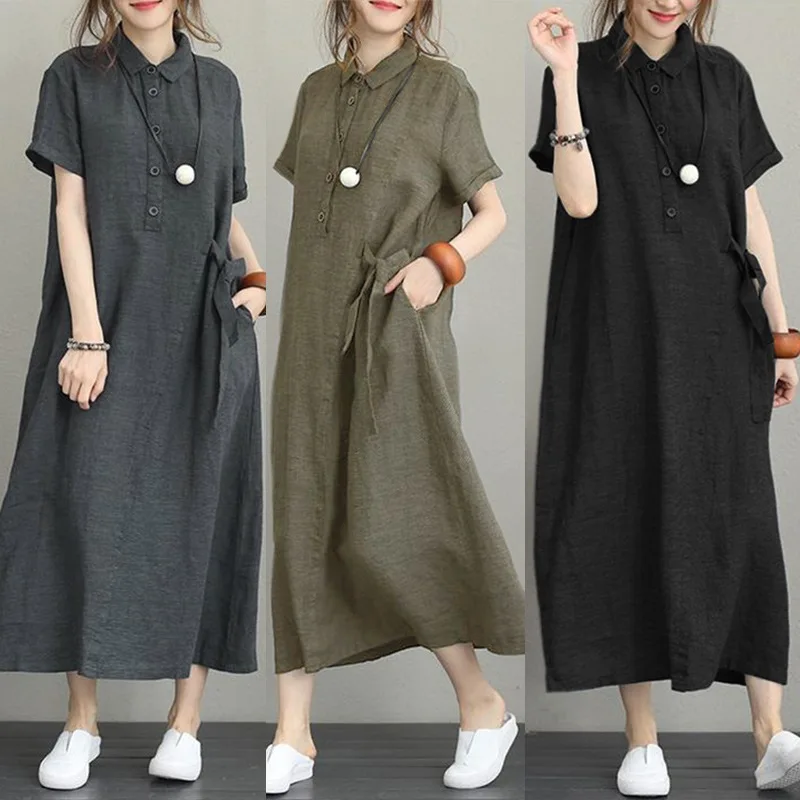 Top Trends: платье с декольте юбка женская Women Cotton Linen Pocket Dress Korean O-Neck Short Sleeve Loose Solid Midi Shirt Dresses Shoppable Styles