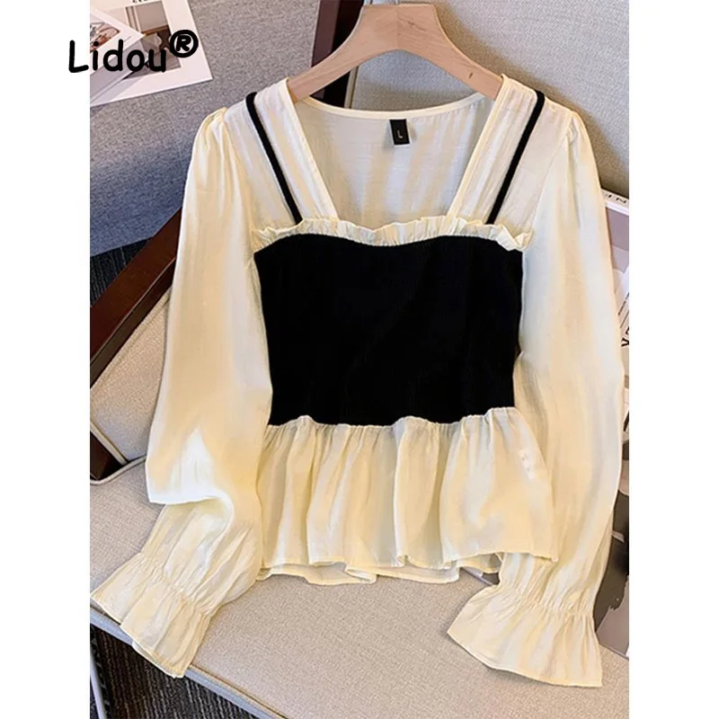 Top Trends: Fashion Patchwork Short Blouse Women's Wear New Classic Loose Flare Sleeve Square Collar Office All-match Lady Shirt 2023 Shoppable Styles