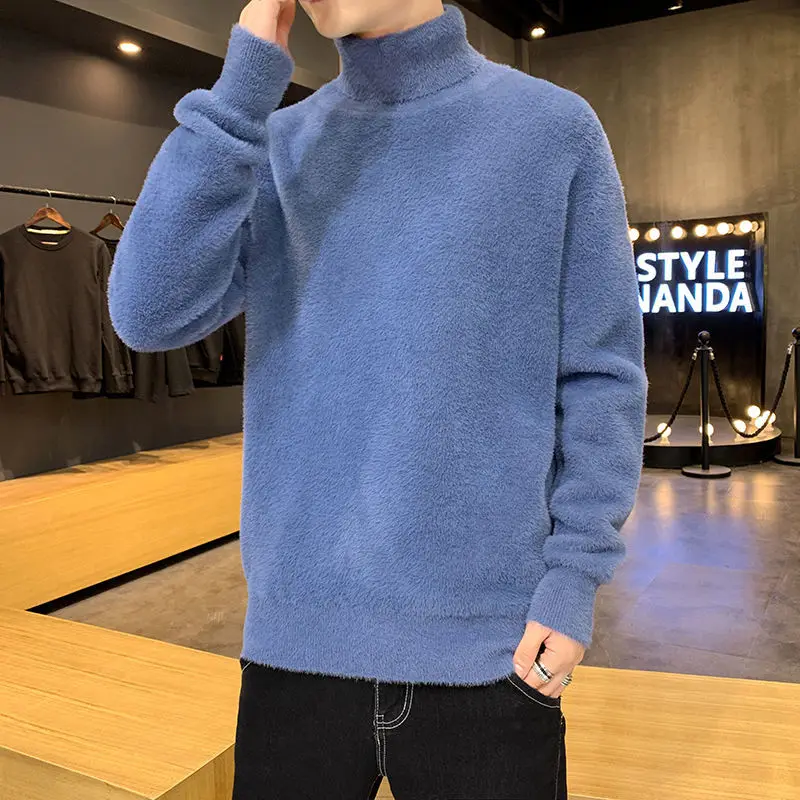 Top Trends: Fashion Turtleneck Solid Color Korean Sweaters Men&#039;s Clothing 2023 Winter Loose Knitted Casual Pullovers All-match Warm Tops Shoppable Styles