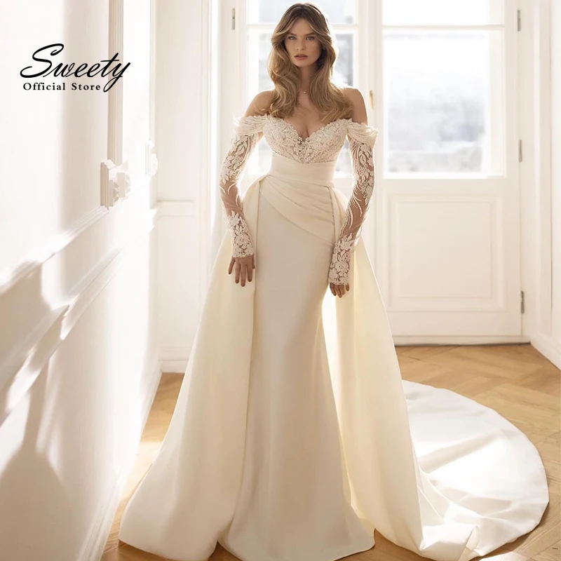 Top Trends: Detachable Mermaid 2 In 1 Wedding Dress Satin With Embroidery Lace Ball Gown Sweetheart V-Neck Full Sleeve Bride Dress Zipper Shoppable Styles