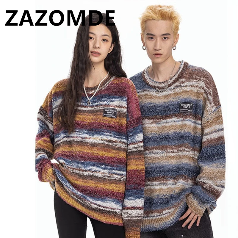 Top Trends: ZAZOMDE Winter Knitwear Sweater Streetwear Couple Knitted Jumper Long Sleeve Loose Stripe Pullover Casual Sweater Clothes Tops Shoppable Styles