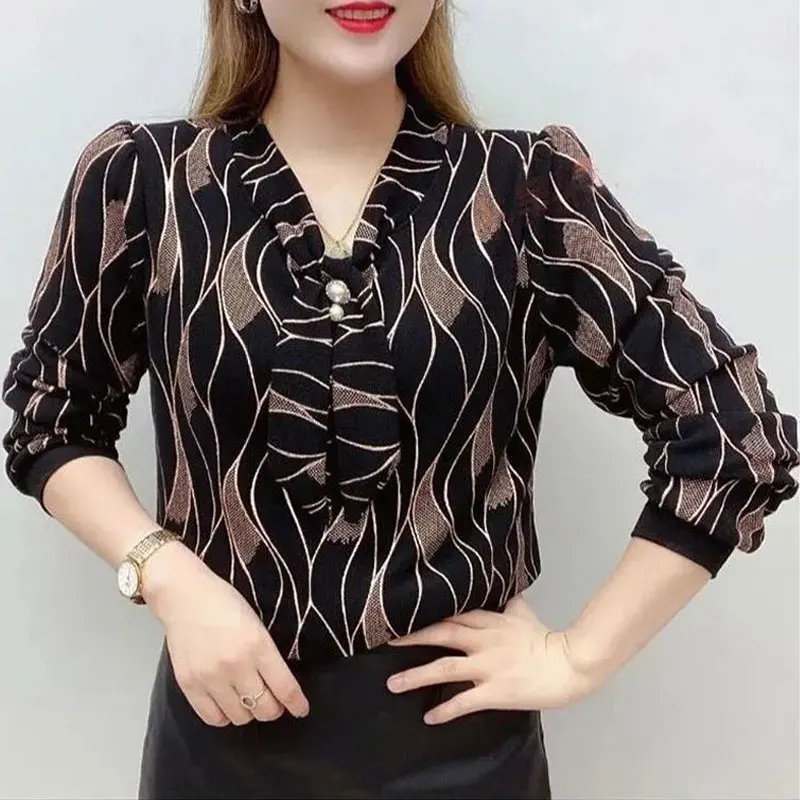 Top Trends: Female Clothing Wave Printed V-Neck Shirt Bandage Spring Autumn New Diamonds Chic Pearl Three-dimensional Decoration Blouse 2023 Shoppable Styles