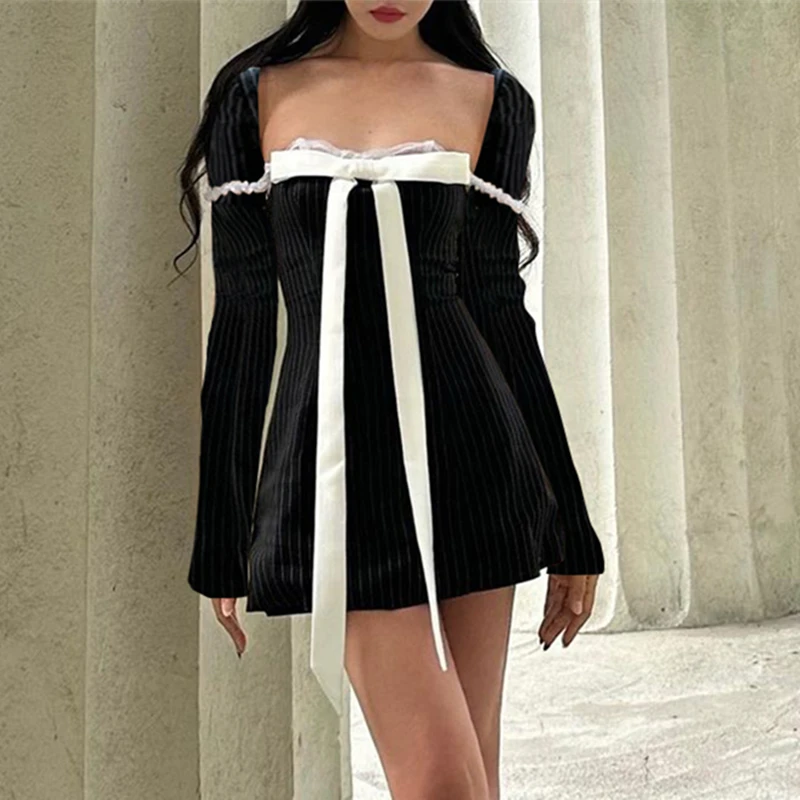 Top Trends: Elegant Bow Patchwork Long Sleeve Dress Retro Square-neck Lace Stitch Bodycon Mini Dresses 2023 Evening Party Vestidos Shoppable Styles