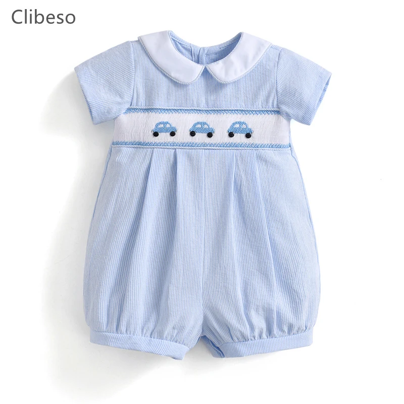 Top Trends: 2024 Baby Boy Smocked Blue Romper Children Embroidered Car Jumpsuit Peter Pan Collar Spanish Boutique Baby Boy Romper Clothes Shoppable Styles