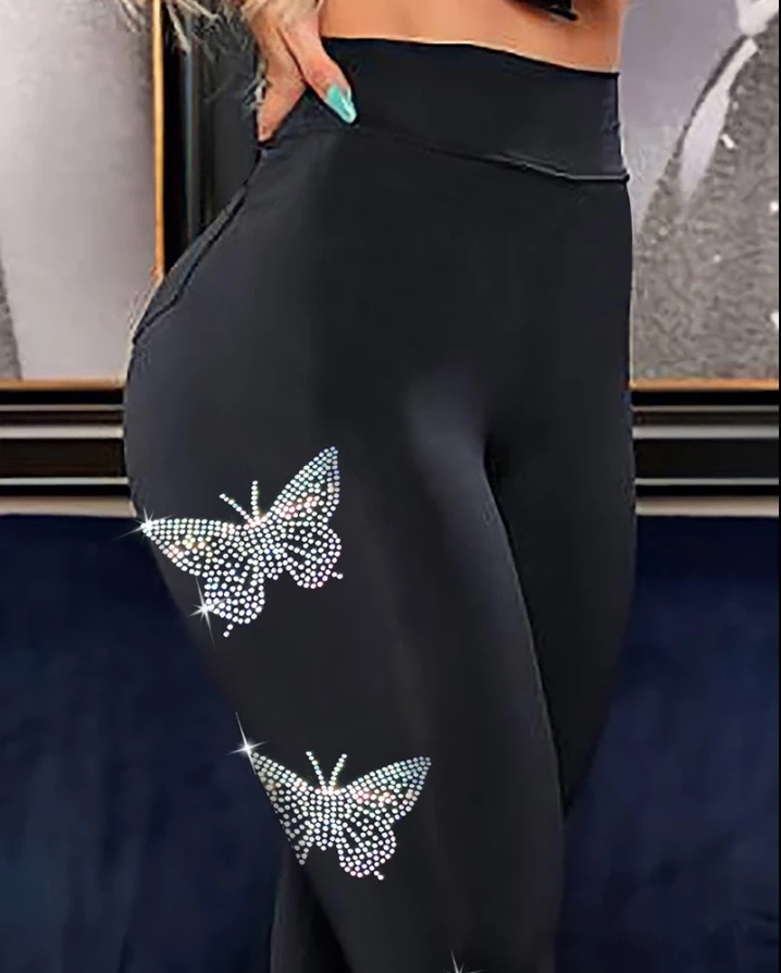 Top Trends: Rhinestone Butterfly Pattern High Waist Skinny Pants Personality Europe And America Fashion Women&#039;s Clothing 2022 Shoppable Styles