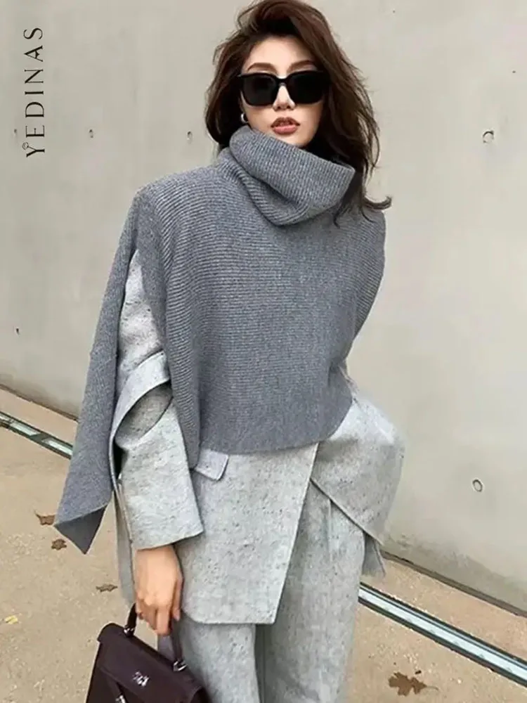 Top Trends: Yedinas Warm Pullover Turtleneck Autumn Winter Ponchos And Capes For Women Coats Korean Fashion Irregular Crop Top Knitted Tops Shoppable Styles