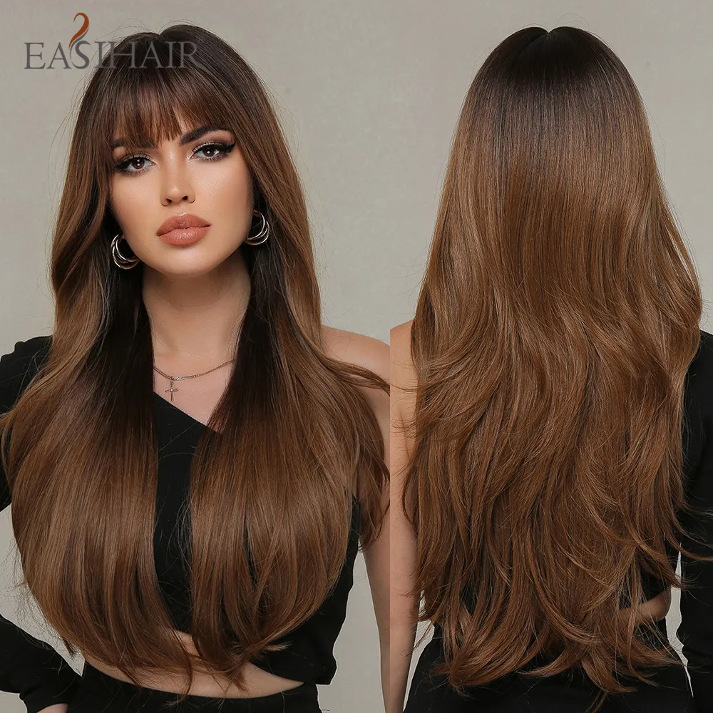 Top Trends: EASIHAIR Ombre Black Chestnut Brown Synthetic Wigs With Bangs Long Natural Wavy Hair Wig For Women Daily Cosplay Heat Resistant Shoppable Styles