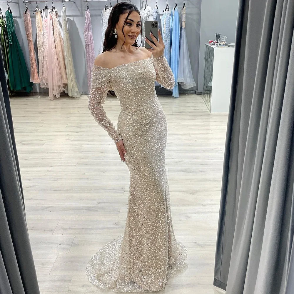 Top Trends: Sevintage Sparkly Champagne Beading Sequined Pearls Mermaid Prom Dresses Off Shoulder Saudi Arabic Evening Gowns Formal Dress Shoppable Styles