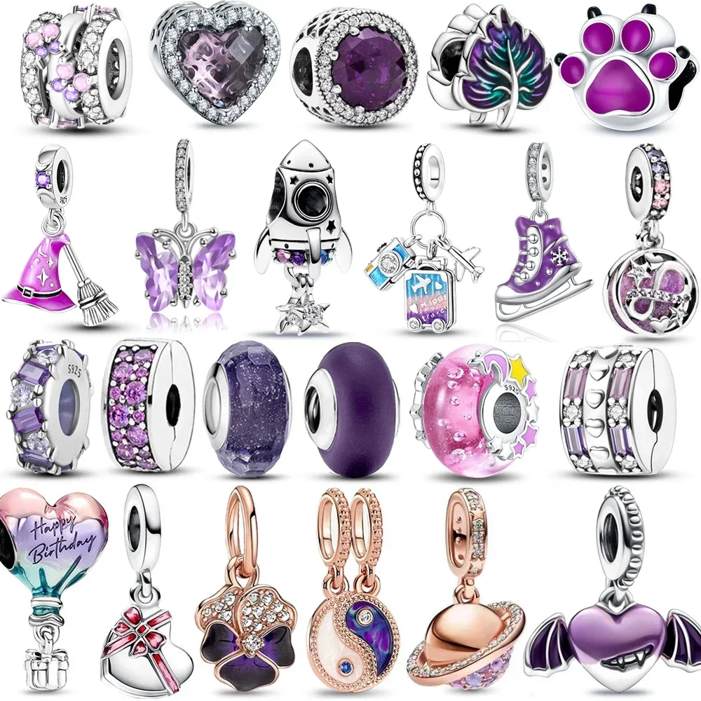 Top Trends: New 925 Sterling Silver Purple Murano Bead Pansy Flower Dangle Charm Fit Original Brand Bracelet And Necklace 925 Jewelry Gift Shoppable Styles