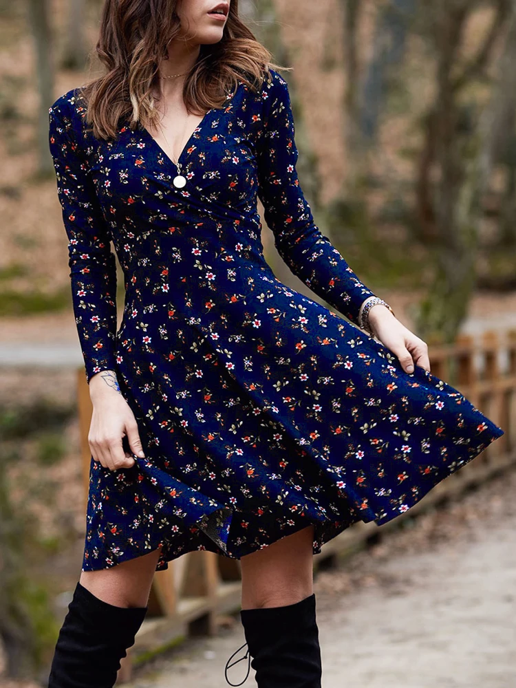 Top Trends: Spring Summer Long Sleeve V Neck Flowers Print Boho Dress Women Elegant Vintage Floral Printed Casual Green A-line Swing Dress Shoppable Styles