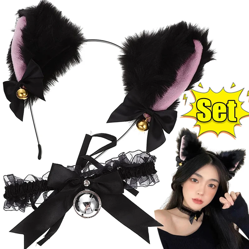 Top Trends: 3pcs Cat Ear Bow Headband Necklace Cat Claw Gloves Cosplay Plush Bell Hairband Women Masquerade Party Headwear Hair Accessories Shoppable Styles