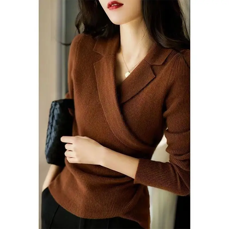 Top Trends: Office Lady V-Neck Solid Color Slim Sweaters Fashion Criss Cross Elegant All-match Women's Long Sleeve Jumpers Spring Autumn Shoppable Styles