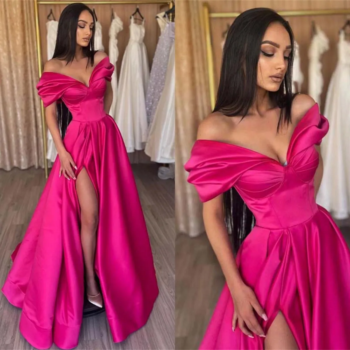 Top Trends: Elegant Pleats Prom Gown Satin Side Slit Evening Dress Off The Shoulder Party Prom Dresses For Women Formal Robes De Soirée Shoppable Styles