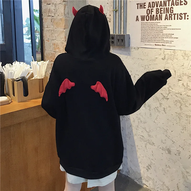 Top Trends: Harajuku Hoodies Girl Little Devil Horns Gothic Hooded Sweatshirts Women Demon Fly Wings Loose Pullovers Pocket Tops Streetwear Shoppable Styles