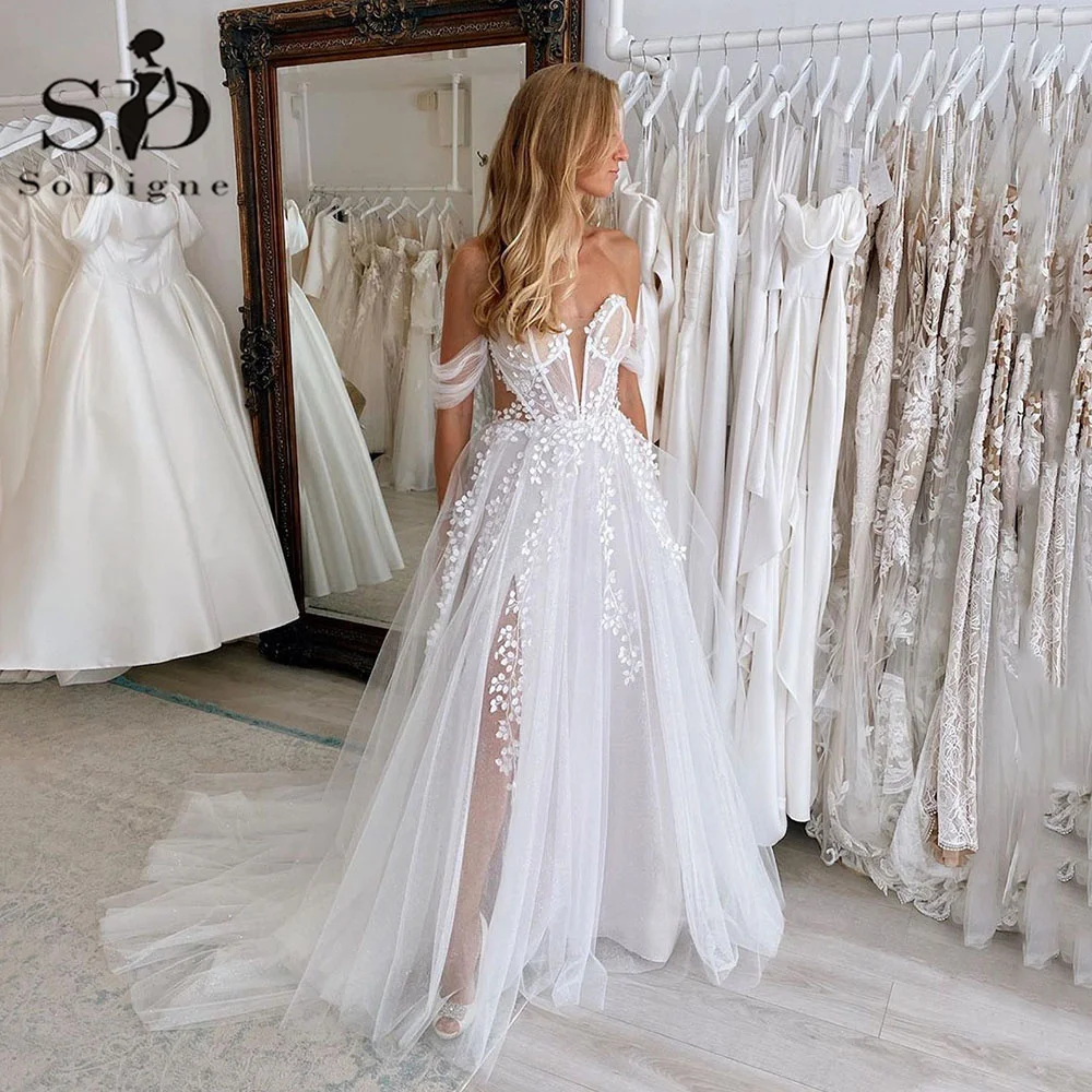 Top Trends: SoDigne Vintage Glitter Tulle Wedding Dresses 2024 Sweetheart Side Split A-Line Lace Flower Bridal Gowns Princess Bride Dress Shoppable Styles