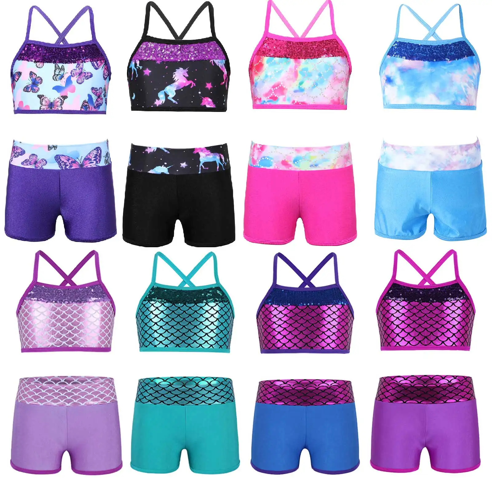 Top Trends: 2023 Kids Girls Gymnastics Leotard Set Ballet Dance Wear Tankini Sleeveless Sequins Mermaid Scales Printed Tank Top With Bottoms Shoppable Styles