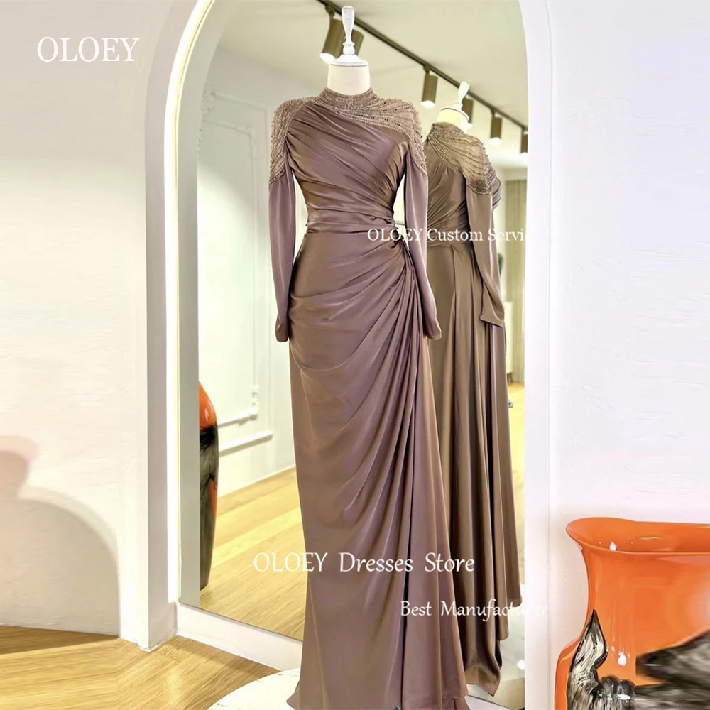 Top Trends: OLOEY Modest Dubai Arabic Women Evening Dresses Glitter Long Sleeves High Neck Pleats Prom Gowns Formal Occasion Pary Dress Shoppable Styles