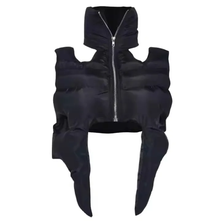 Top Trends: Fashion Women Cotton-padded Coat Stand Collar Hollow Out Zip Black Symmetry Midriff-baring Vest Autumn 2023 New Tide Shoppable Styles