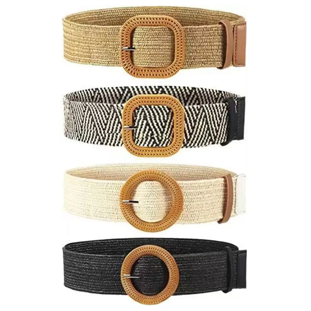 Top Trends: New Women Straw Braided Belt Bohemian Square / Round Buckle Elastic Woven Belt Beach Style Elastic Wide Waistband Decorative Belt Shoppable Styles