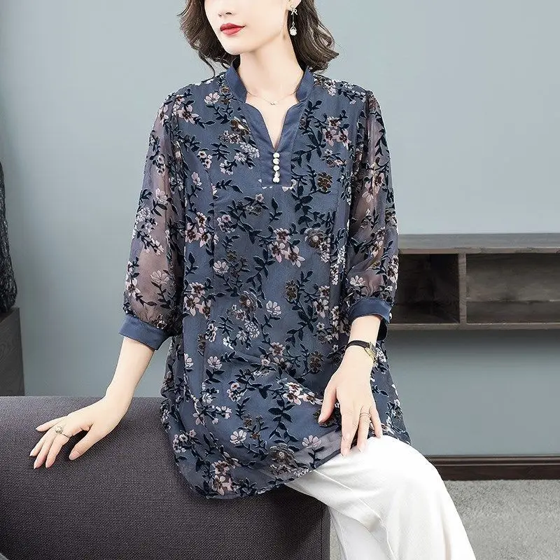 Top Trends: Vintage Elegant Printed Chic Hollow Out Chiffon Midi Blouse Female Clothing Spring Summer 3 / 4 Sleeve Casual Button V-Neck Shirt Shoppable Styles