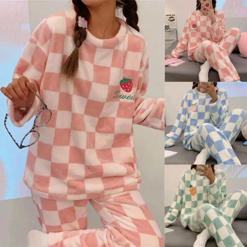 Top Trends: Autumn Winter Kawaii Cartoon Pajama Sets Women Pyjamas Plaid Flannel Loung Sleepwear Girl Pijama Night Suits Homewear Pj Suit Shoppable Styles