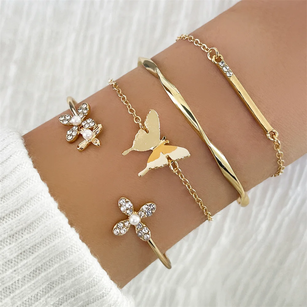 Top Trends: Vintage Gold Color Cuff Bracelet Set Of 4 Stainless Steel Butterfly Bracelet Combination Fashion Elegant Bracelet Jewelry Gifts Shoppable Styles