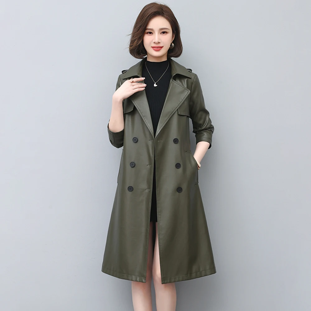 Top Trends: New Women Leather Trench Coat Spring Autumn Fashion Casual Double Breasted Belt Slim Sheepskin Coat Split Leather Long Outerwear Shoppable Styles